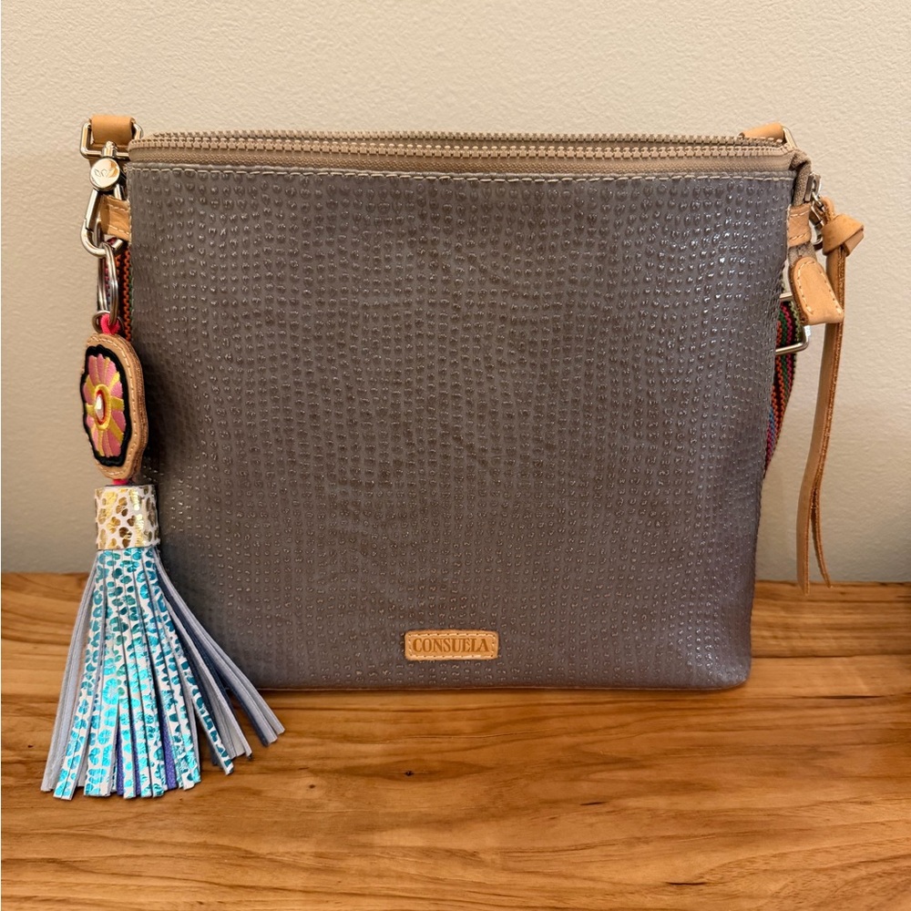 Consuela Textured Gray Crossbody Bag with Tassel